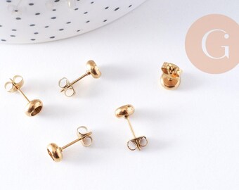 Earring studs with cabochon setting, 4mm, 304 stainless steel, gold plated IP, x10 (G10607)