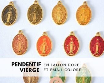 Oval Virgin Mary medal pendant in gold-plated brass and enamel, 19.5mm x1 (G2939)
