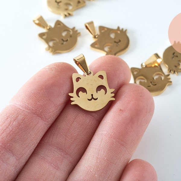 Pendentif chat manga acier 304 doré inoxydable 17mm, pendentif en forme de chat pour la création de bijoux en acier doré,  X1 G6022