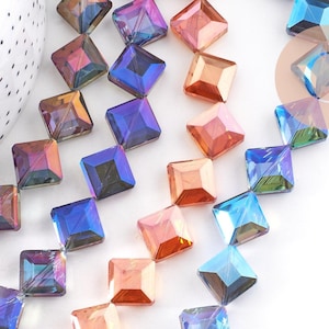 17mm faceted iridescent diamond glass bead, square beads, glass beads for jewelry making, strand of 35 beads, X1 (G6064)