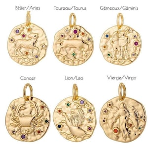 Pendentif rond constellation laiton doré zircons colorés, un pendentif celeste du signe horoscope astrologique,14-15mm