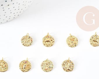 Pendentif rond constellation laiton doré zircons colorés, un pendentif celeste du signe horoscope astrologique,14-15mm