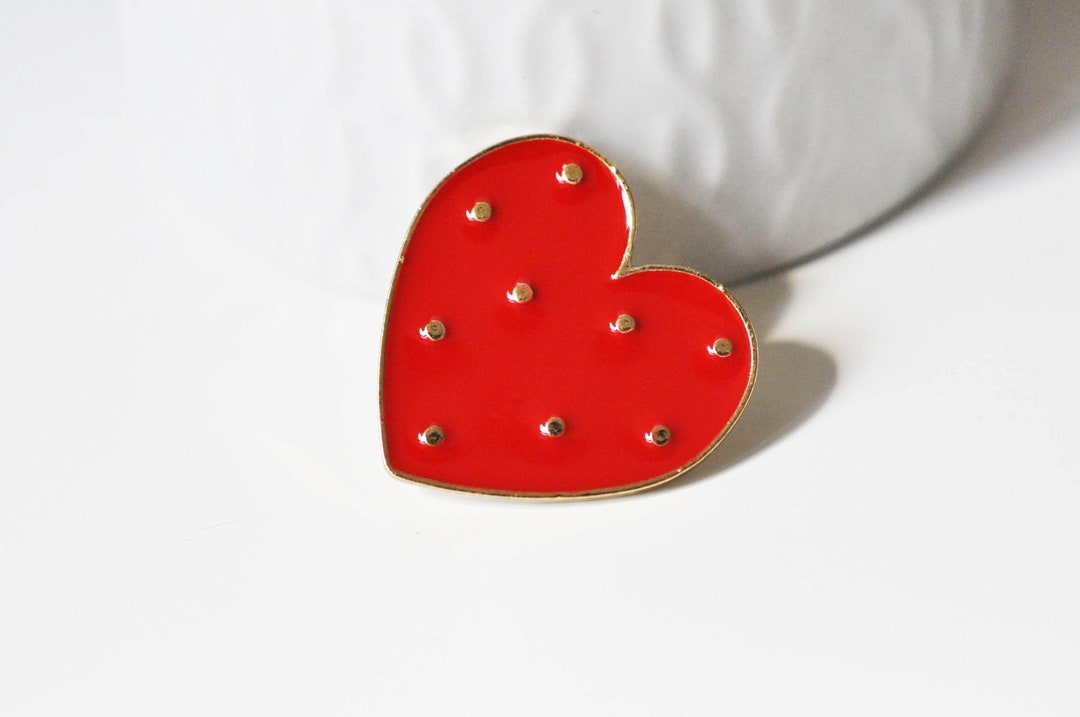 Brooch Pin Heart Gold Brass Enamelled Red With Polka Dots Etsy