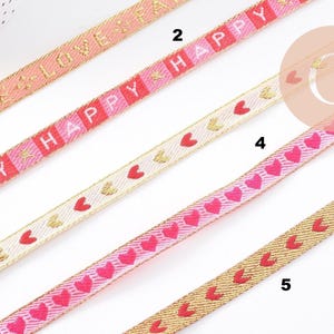 Embroidered ribbon with hearts text 10mm, x1 meter (G10269)