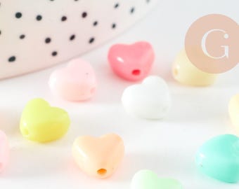 Perline a forma di cuore in plastica multicolore pastello, 9,5 mm, x30 (12,6 g) (G3492)