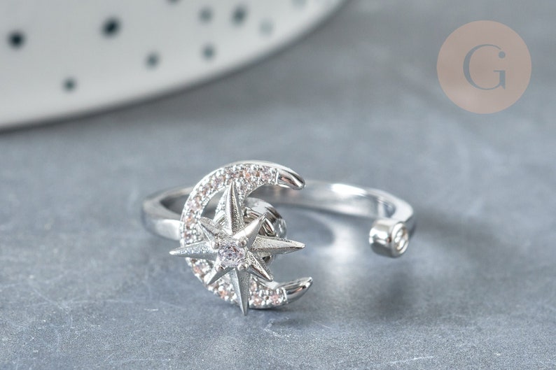 Adjustable Ring Rotatable Moon Star Brass Platinum Zircon White 16.9mm, Thin Ring to Gift, Jewelry to Gift, 16.9mm G8031