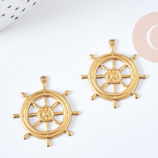 Pendentif roue bateau laiton brut 25mm, fourniture bijoux fantaisie thème marin X1  G8203