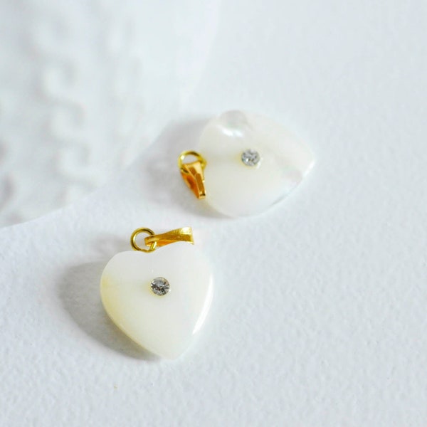 Pendentif coeur nacre blanche naturelle doré cristal,pendentif coeur,coeur nacre,coquillage blanc,création bijou, Unité, 19mm-G1065