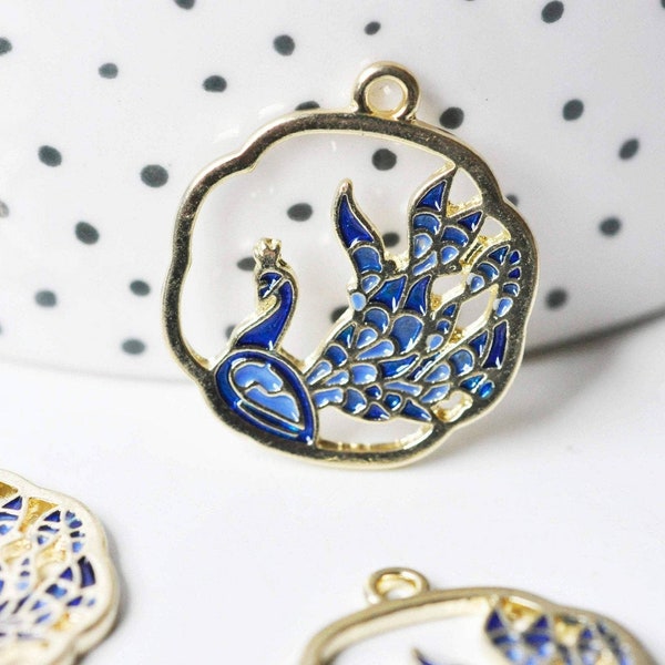 Pendentif fleur paon émail bleu zamac doré,pendentif oiseau, création bijoux, pendentif doré, 25mm,lot de 2 G4276