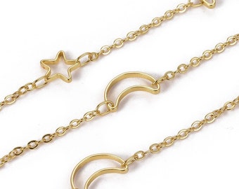 18-carat gold-plated brass moon and star chain, fancy gold chain for jewelry creation 2x1.9mm, per meter G5445