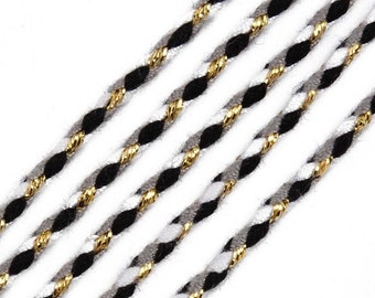 Cordon tressé Blanc noir gris fil doré 2mm, cordon pour bijoux,cordon multicolore scrapbooking,corde décoration, X 1mètre G5860