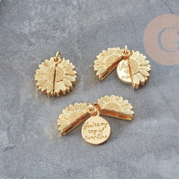 Sunflower Flower pendant with message that opens golden brass 18mm, original DIY jewelry, X1 G9055