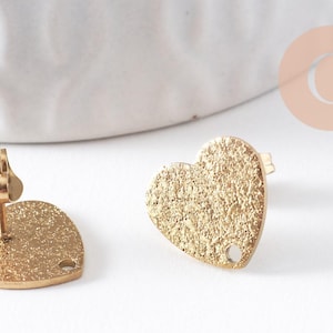 Heart-shaped stud earrings, 304 stainless steel, gold-plated IP sandblasted, 1 hole, 13mm, pair (G10371)