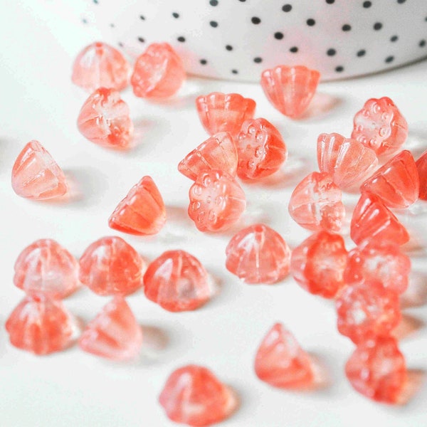 Perles fleur verre rose corail 11mm, perles verre tchèque, perles fleur, verre violet, X10  G4584