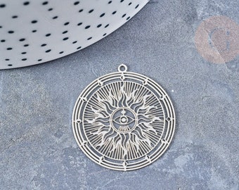 Pendentif estampe filigrane rond soleil acier 201 inoxydable argenté 32.5x30mm, pendentif très léger pour boucles et colliers X2 G4110