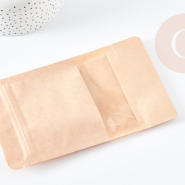 Pochette zippée en papier Kraft avec fenêtre110x185mm,un emballage refermable compatible alimentaire, 10/20 pièces G9109