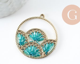 Pendentif rond zamac doré tissé rocaille vert turquoise,sans nickel,creation bijoux,perle géométrique,37.5mm,lot de 2 G4133