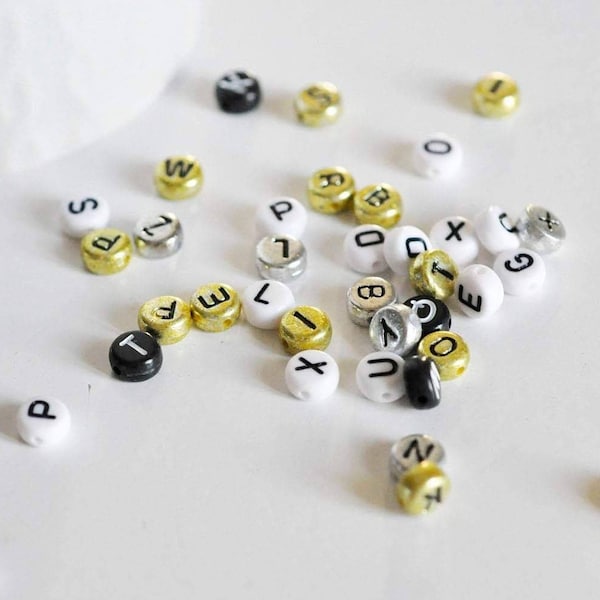perle ronde Lettres Alphabet doré noir blanc argent,perle plastique,perle lettre,création bijoux, lot de 10 grammes-G1689