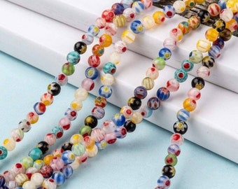 Perles rondes verre millefiori 4mm, perle verre artisanal bijou été, fil de 33cm, X1  G5364