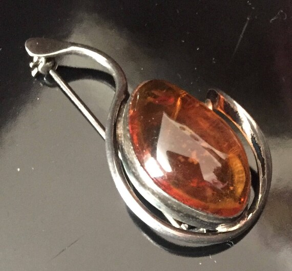 Broche Ancienne Art Déco/Nouveau - Argent Massif 925 - Cabochon Ambre - Créateur