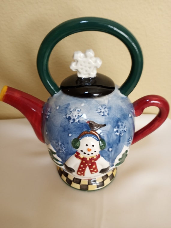 Dishes, Tea Sets Miniature Ceramic Blue Snowman Tea Set Collectible NIB
