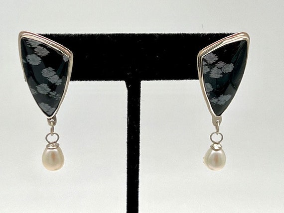 Sterling Silver Snowflake Obsidian Stone Earrings… - image 2