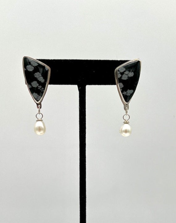 Sterling Silver Snowflake Obsidian Stone Earrings… - image 1