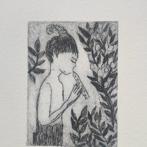 May include: Black and white print of a person playing a flute in a woodland setting. The print is titled "FAUNE - VALERIE BEZHONNET 84120".