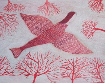 peinture originale sur papier acrylique et aquarelle Philomele femme oiseau mythologie