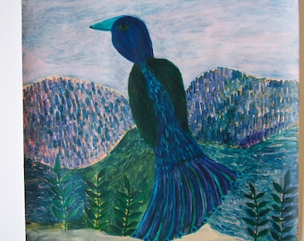 peinture originale sur papier acrylique oiseau bleu 2