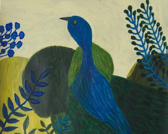 oiseau bleu peinture originale sur papier acrylique