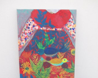 Peinture originale sur toile tendue Robe-Jardin aux deux oiseaux