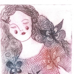 original etching The dreamer with the butterflies 4 on 10,Fairy Tale