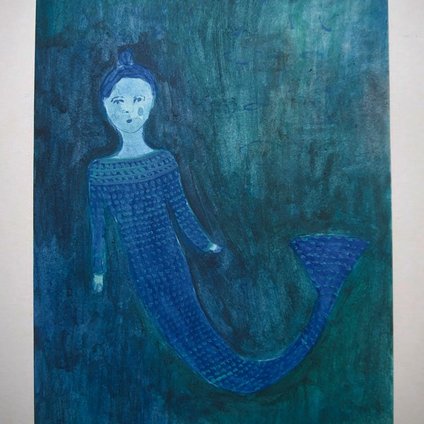 Sirène bleue peinture originale sur papier