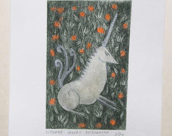 original art etching Unicorn 3/20