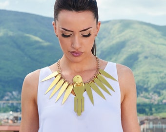 Statement Necklace, Gold Leather Necklace, Festival Jewelry, Tribal Jewelry, Parrot Necklace, Animal Jewelry, Statement Jewelry, Fashion