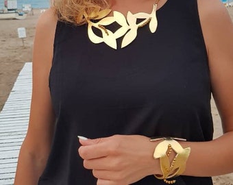 Gold Leather Necklace, Golden Statement Necklace, Leather Jewelry, Gift For Her, Handmade Necklace, Women Jewelry, Party Necklace,Women Gift