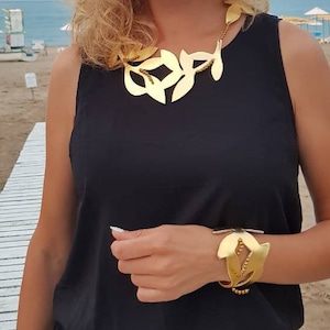 Gold Leather Necklace, Golden Statement Necklace, Leather Jewelry, Gift For Her, Handmade Necklace, Women Jewelry, Party Necklace,Women Gift