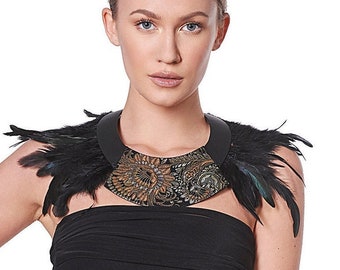 Black Feather Necklace, Steampunk Jewelry, Gothic Jewelry, Necklace for prom, Hollywood Jewelry, Bib Necklace, Sexy Necklace,Gothic necklace