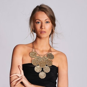 Statement Necklace, Gold Leather Necklace, Handmade Jewelry, Fashion Jewelry, Gold Bib Necklace, Tribal Jewelry, Ethnic jewelry, Avan Garde
