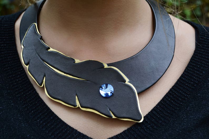 Leather Necklace, Black Necklace, Feather Necklace, Statement Necklace, Fashion Necklace, Bib Necklace, Girlfriend Gift, Stage Necklace image 7
