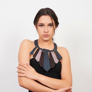 Leather Necklace for Women, Large Necklace, Futuristic Necklace, Birthday Gift, Handmade Jewelry, Leather Handmade Necklace, Leather Jewelry