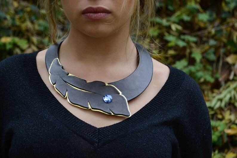 Leather Necklace, Black Necklace, Feather Necklace, Statement Necklace, Fashion Necklace, Bib Necklace, Girlfriend Gift, Stage Necklace image 6