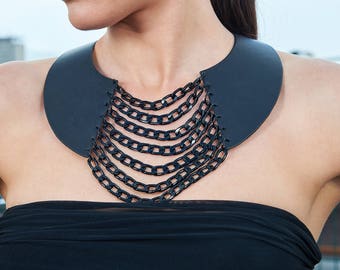 Black Leather Necklace, Large Necklace, Futuristic Necklace, Birthday Gift, Handmade Jewelry, Leather Handmade Necklace, Leather Jewelry