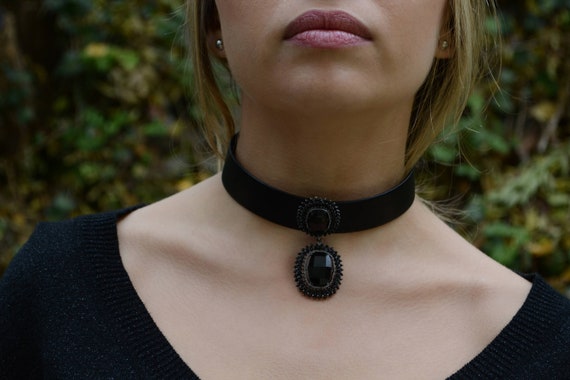 Black Leather Choker, Women Handmade Jewelry, Gothic Choker, Black