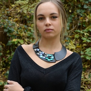 Leather necklace, Birthday Gift, Precious Stones Necklace, Crystal Stones Necklace, Wedding Jewelry, Black leather necklace, Leather Gifts