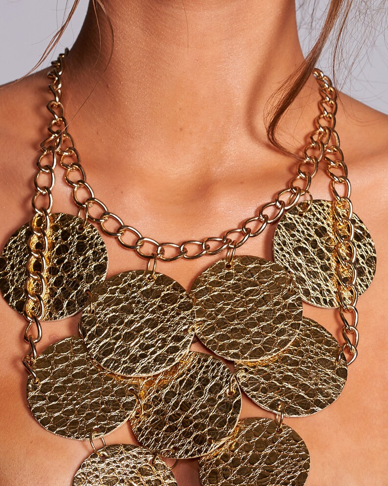 Statement Necklace Gold Leather Necklace Handmade Jewelry Etsy