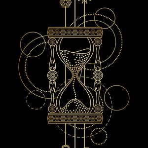 May include: A gold hourglass with intricate details, surrounded by geometric shapes and celestial symbols. The text "TIMING EVENTS USING TAROT & ASTROLOGY" is at the top, and "Catherine Chapman" and "TarotElements.com" are at the bottom.