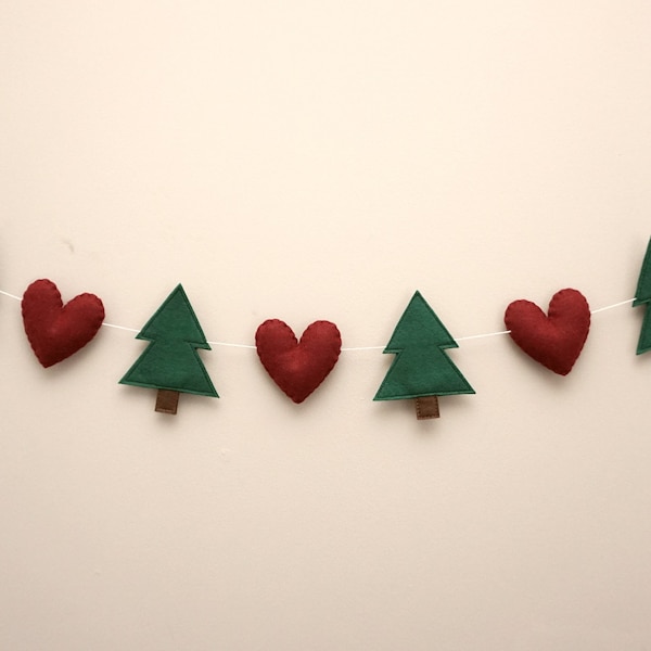 Felt Christmas garland, felt Christmas bunting, Christmas tree garland, felt hearts garland, Christmas garland