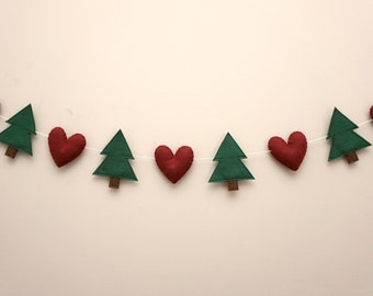 Felt Christmas garland, felt Christmas bunting, Christmas tree garland, felt hearts garland, Christmas garland, winter garland